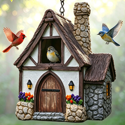 Bird House for Outside, Vintage Resin Hanging Birdhouse with Chimney and Flower Decor, Decorative Bird Houses Gift