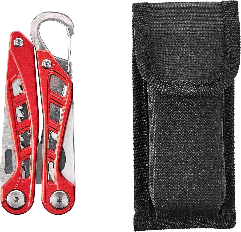 8-in-1 Stainless Steel Multitool with Safety Lock and Nylon Sheath, Red