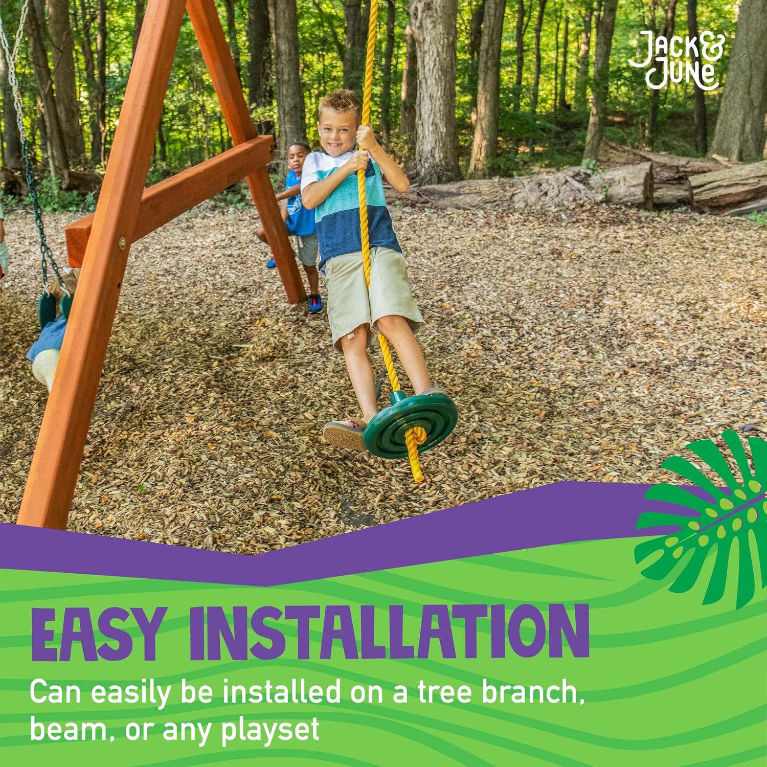 Green Playset Rope and Disc Swing with Leg Safety Protector and Fully Adjustable Rope