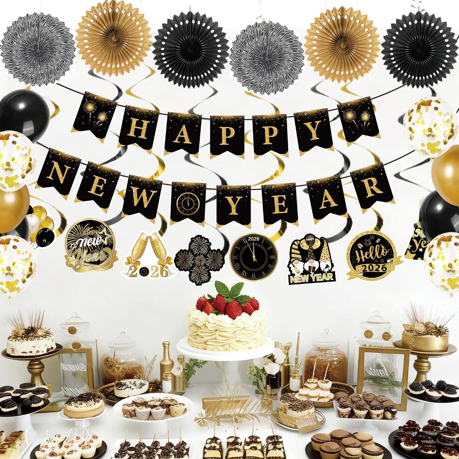 2026 New Year Decorations – Black Gold New Year’s Eve Party Supplies with Happy New Year Banner, Hanging Swirls with
