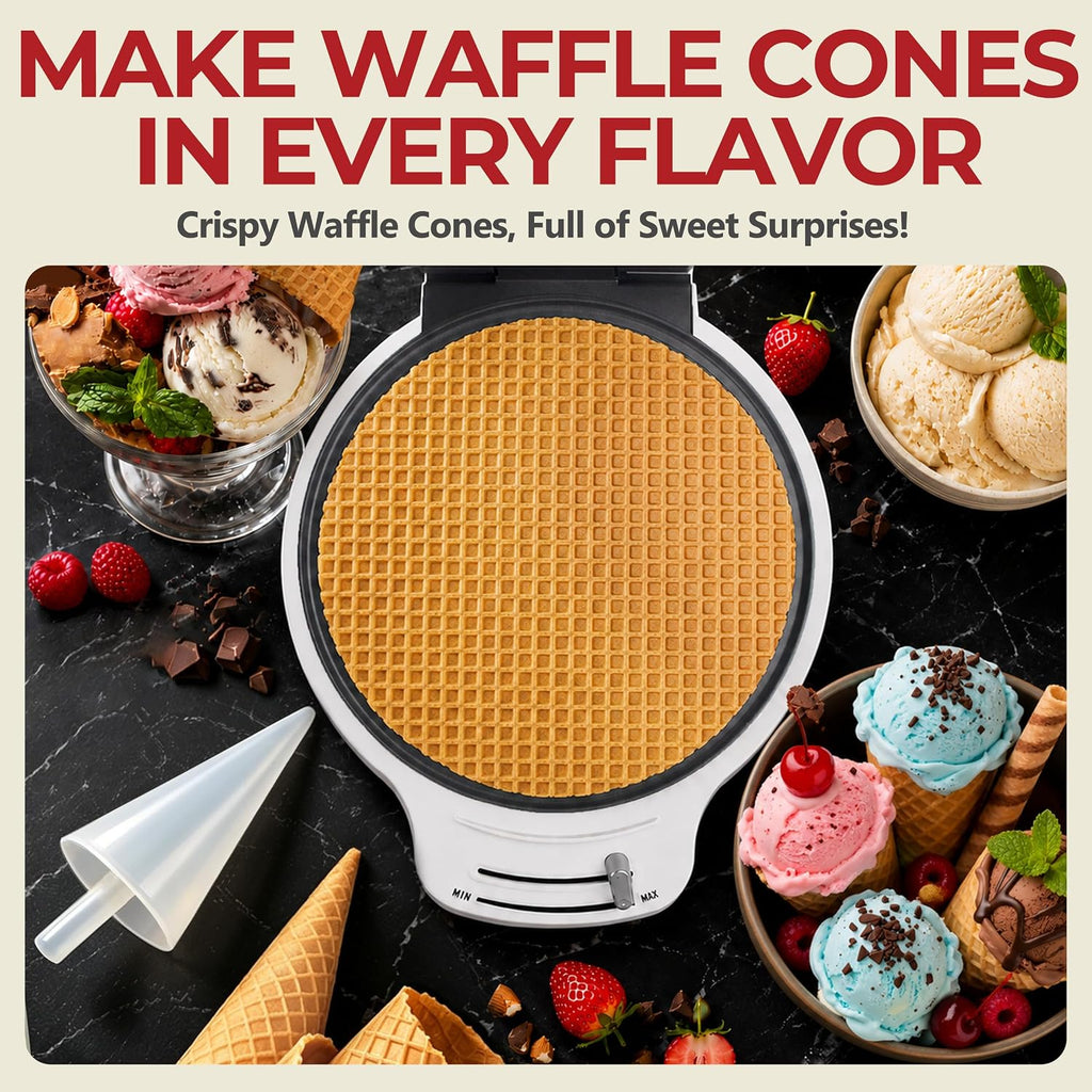 Ice Cream Cones Maker, Waffle Cone Maker Machine with Browning Control, 1200W Double Side Even Heating, 7.5" Nonstick