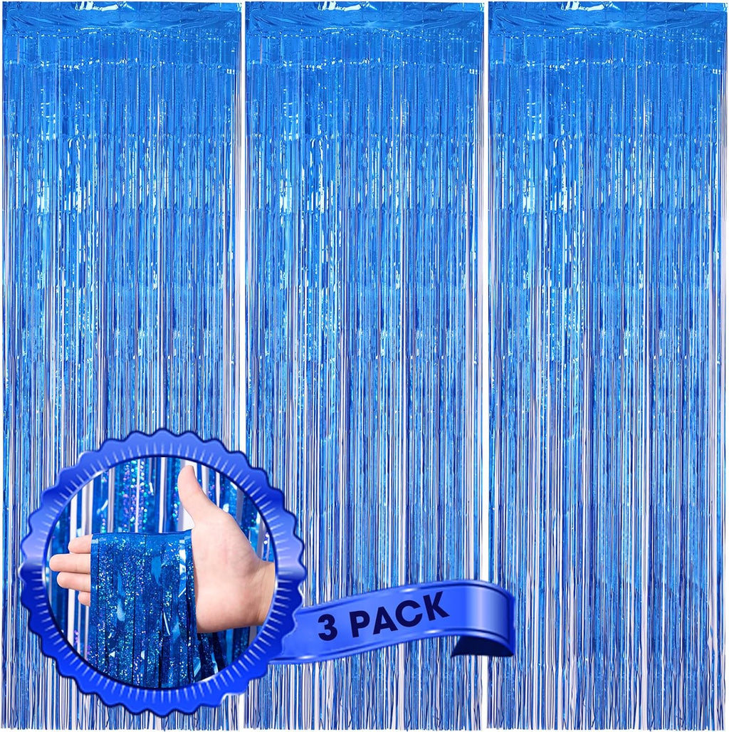 3 Pack 3.3 x 8.2 ft Laser Blue Foil Fringe Backdrop Curtains, Tinsel Streamers Birthday Party Decorations, Fringe