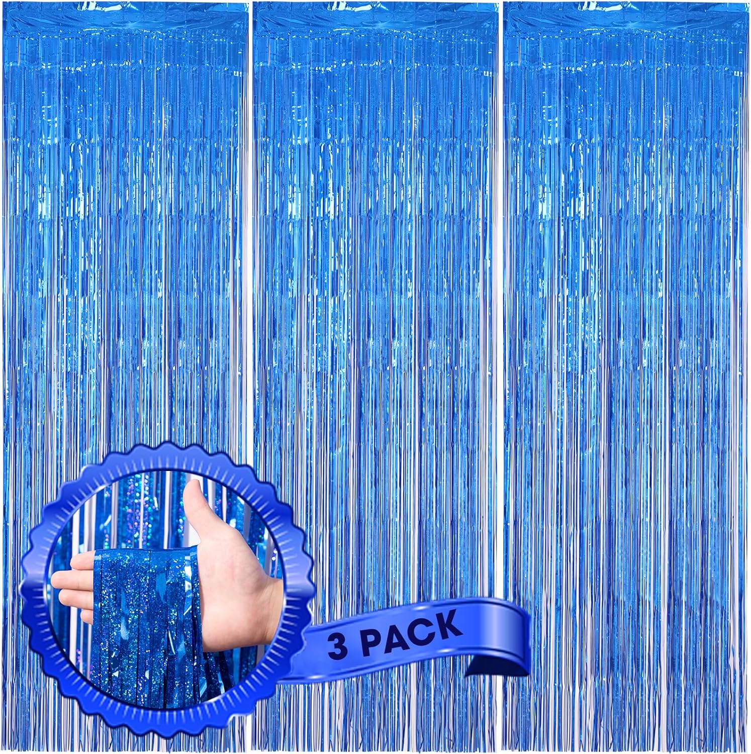 3 Pack 3.3 x 8.2 ft Laser Blue Foil Fringe Backdrop Curtains, Tinsel Streamers Birthday Party Decorations, Fringe