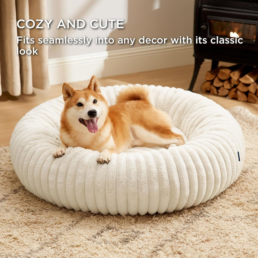 ComfyFleece Donut Large Dog Bed - Washable Faux Fur with Corduroy Fleece & Anti Slip Bottom, Round Pet Bed with