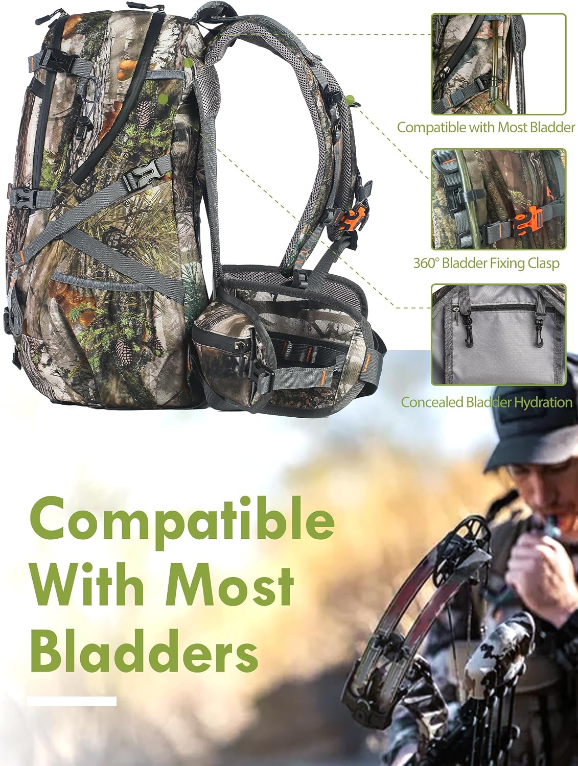 Camo Hunting Backpack for Men, 35L Durable Hunting Pack, 600D Daypack with Rain Cover, Interal Frame Support