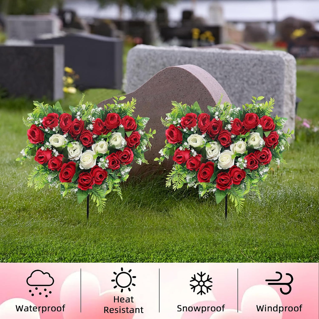2 Sets Artificial Cemetery Flowers, Grave Memorial Flowers with Ground Spike,Heart Shaped Wreaths Rose Flowers for