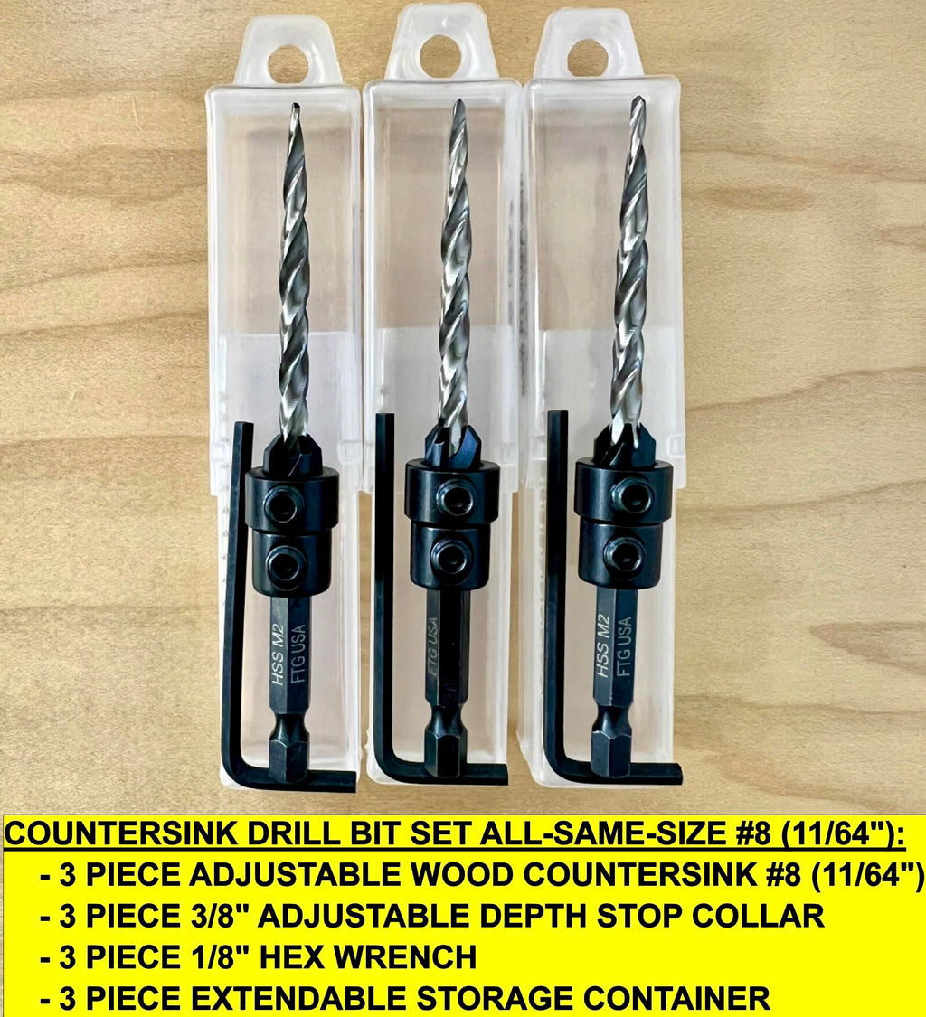 FTG USA 3 Pc #10 (3/16") Countersink Drill Bit Set with Tapered Drill Bi
