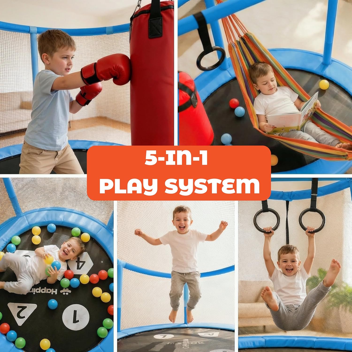 55’’ Trampoline for Kids with Safety Enclosure, Indoor & Outdoor Toddler Trampoline, Ultra Safe Design with Multi