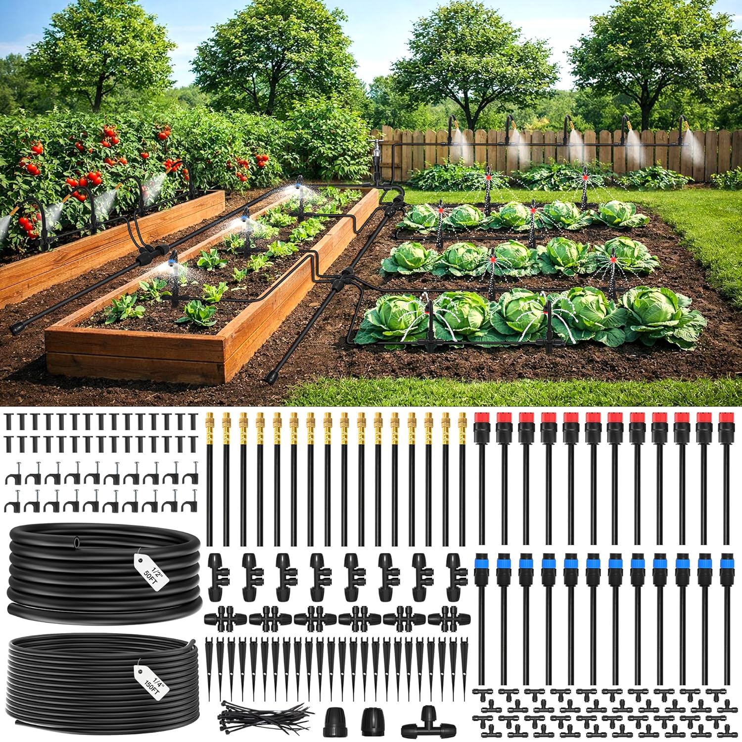 2026-Upgrade 360° Adjustable Drip Irrigation System Kit, 200FT Bendable Watering Misting System with 3 Spray Nozzle