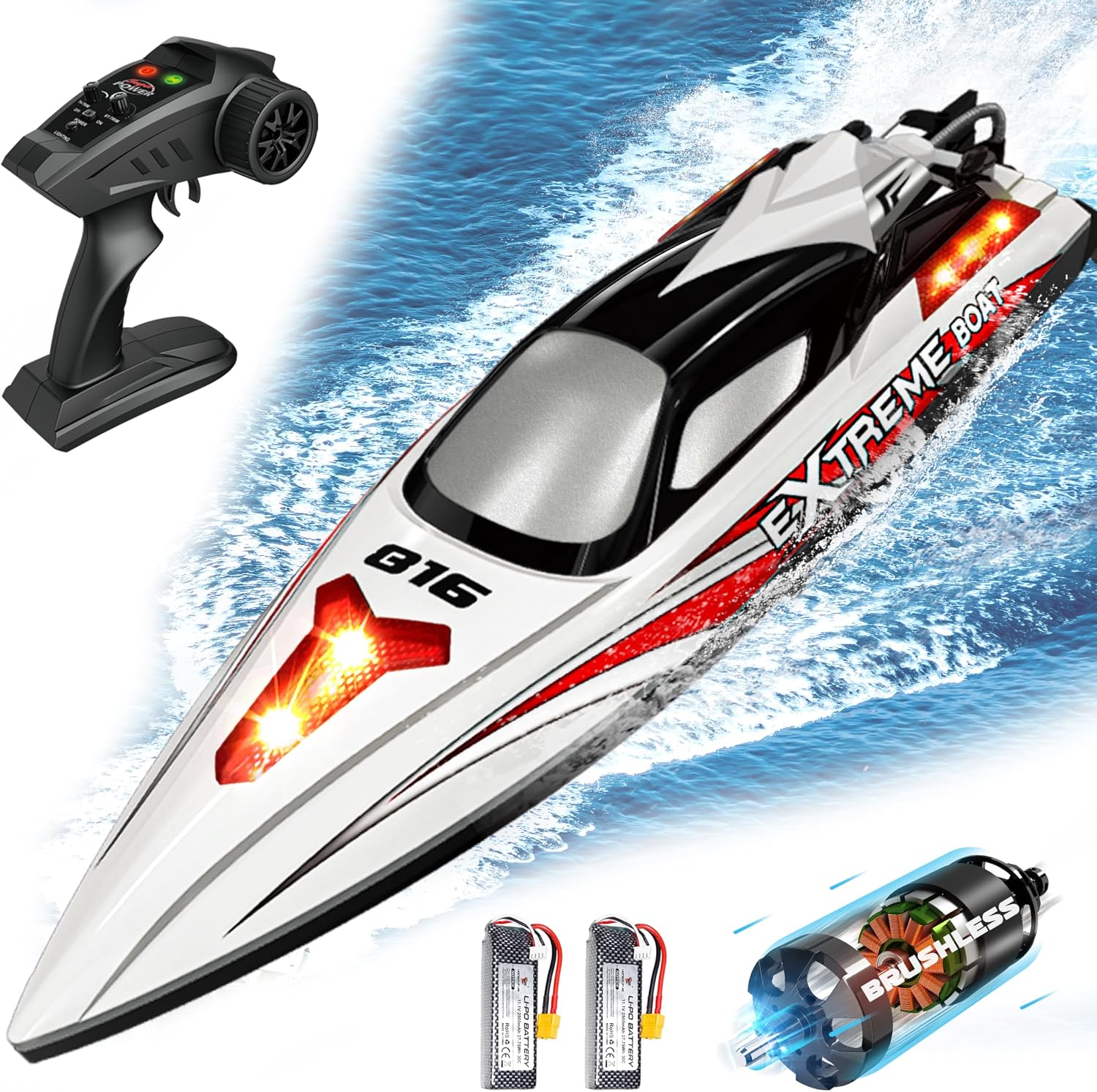 34+MPH Brushless RC Boat for Adults & Kids with 2 Rechargable Batteries- Large 19” Remote Control Boat Toy, HJ816 Rc