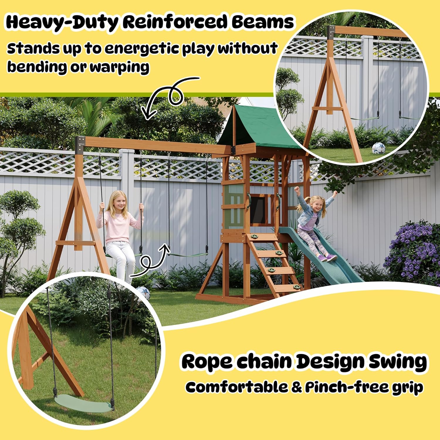 Wood Swing Sets for Backyard - Playground Sets for Backyards, Outdoor Playset with Wave Slide, Play Deck, Rock Wall