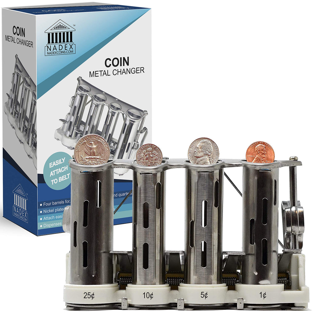 4 Barrel Steel Coin Dispenser Money Changer with Belt Clips (Silver)
