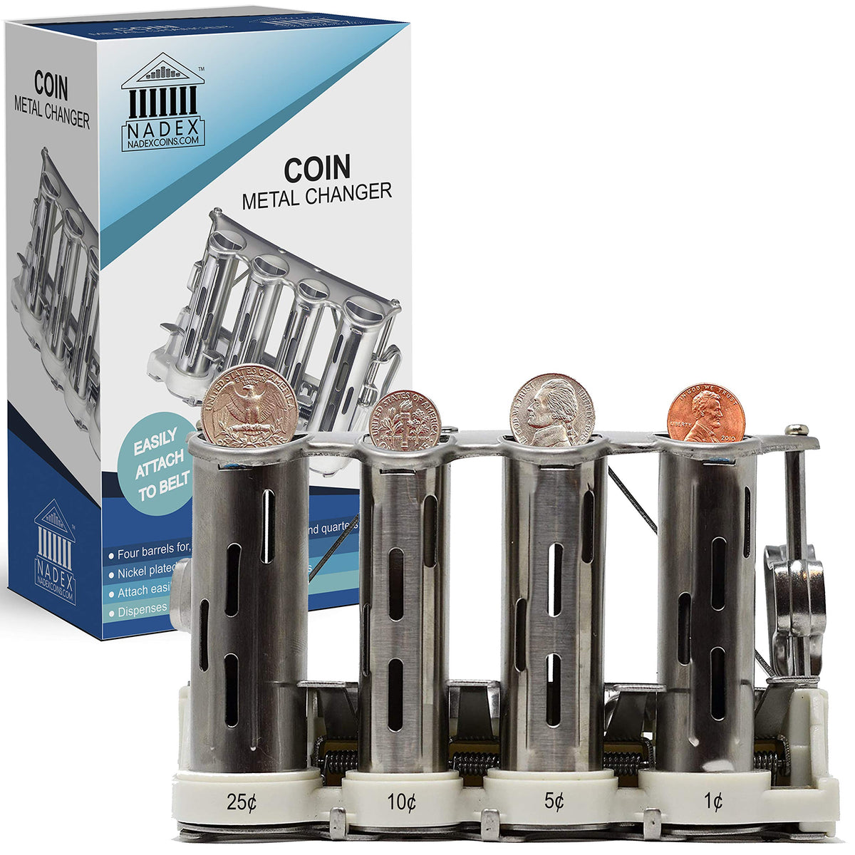 4 Barrel Steel Coin Dispenser Money Changer with Belt Clips (Silver)