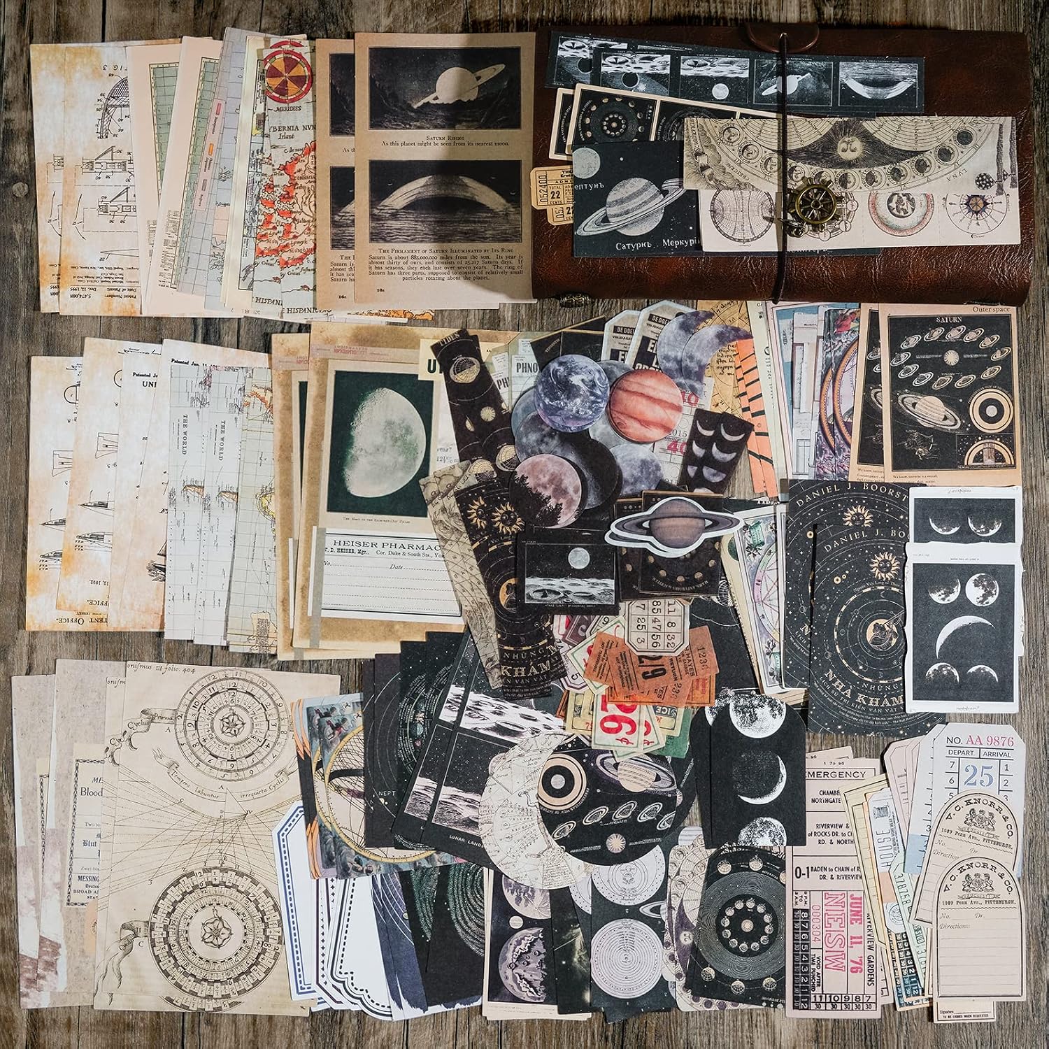 Vintage Scrapbook Supplies Pack (200 Pieces) for Witchy Junk Journal Bullet Journals Planners Space Moon Paper