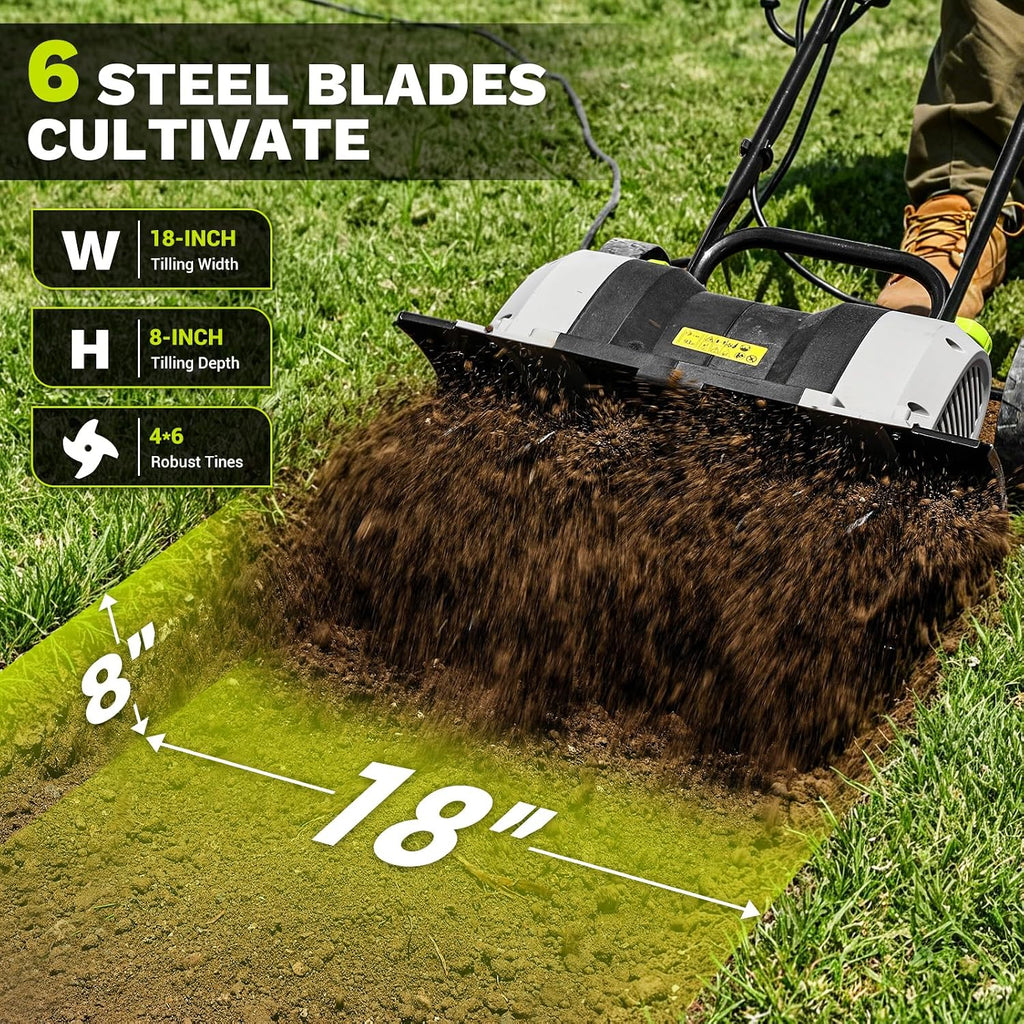 Cultivator Tiller for Gardening:18 Inch Electric Tiller with 6 Steel Tines, Corded 15 Amp Garden Rototiller for Soil