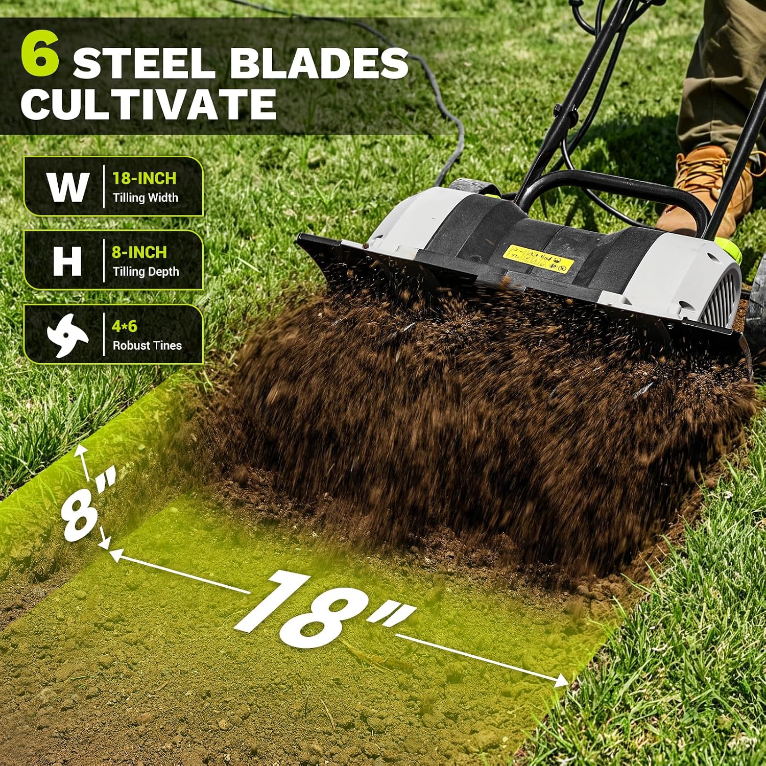 Cultivator Tiller for Gardening:18 Inch Electric Tiller with 6 Steel Tines, Corded 15 Amp Garden Rototiller for Soil