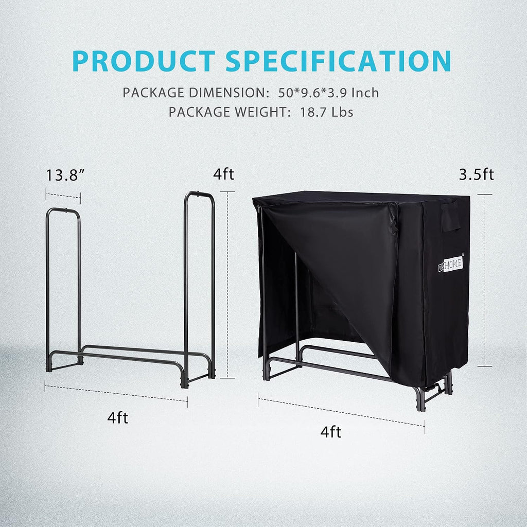 4 ft Heavy Duty Firewood Rack Outdoor with Cover, Black | Fire Wood Storage Rack, Log Holder and Cover Combo Set with