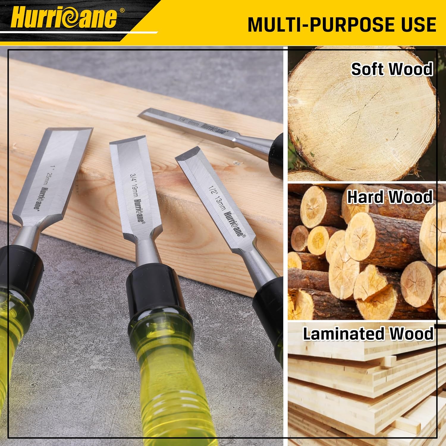 4 Piece Wood Chisel Set for Woodworking. CR-V Steel Beveled Edge Blades with Safety Caps. Extra Large Grip