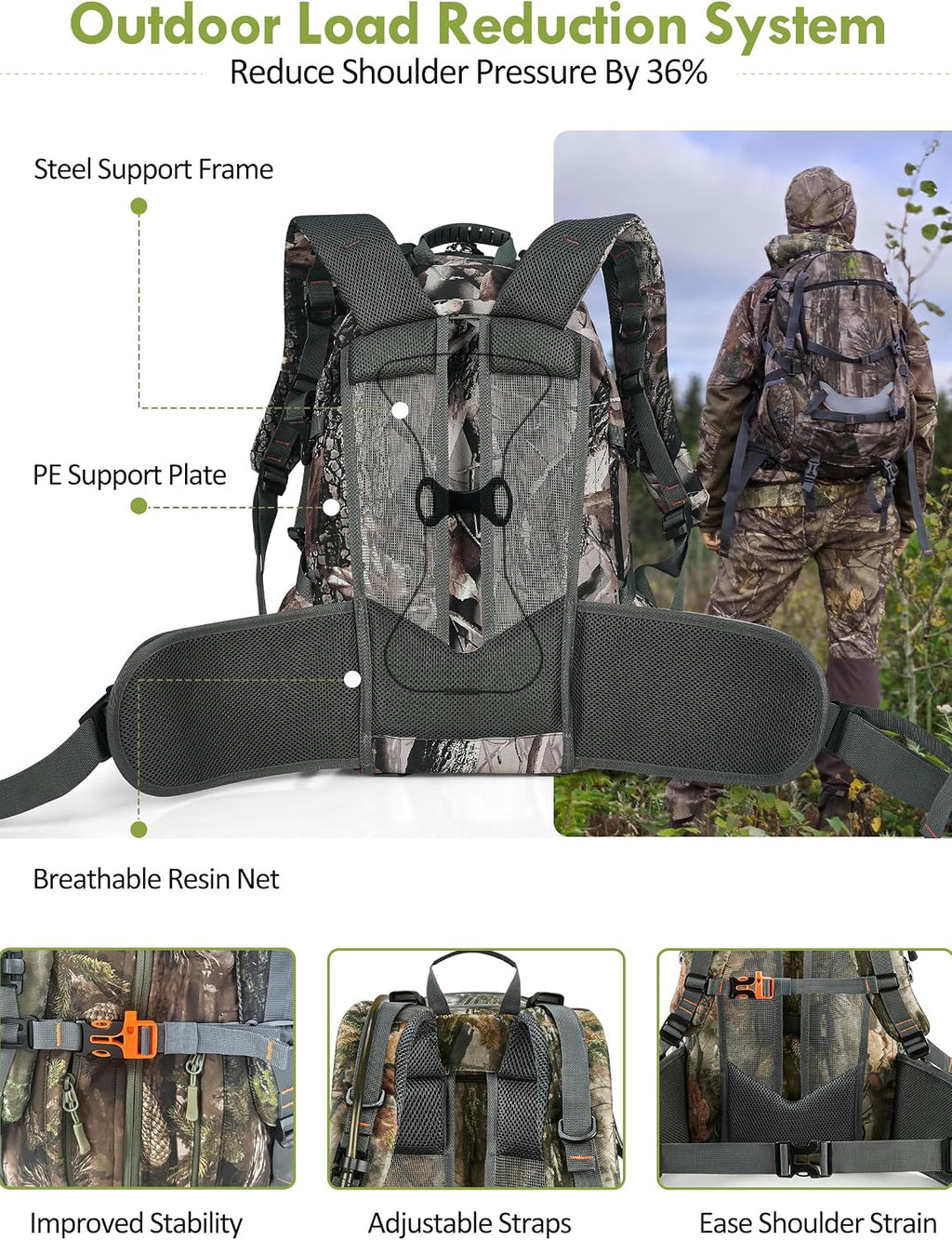 Camo Hunting Backpack for Men, 35L Durable Hunting Pack, 600D Daypack with Rain Cover, Interal Frame Support
