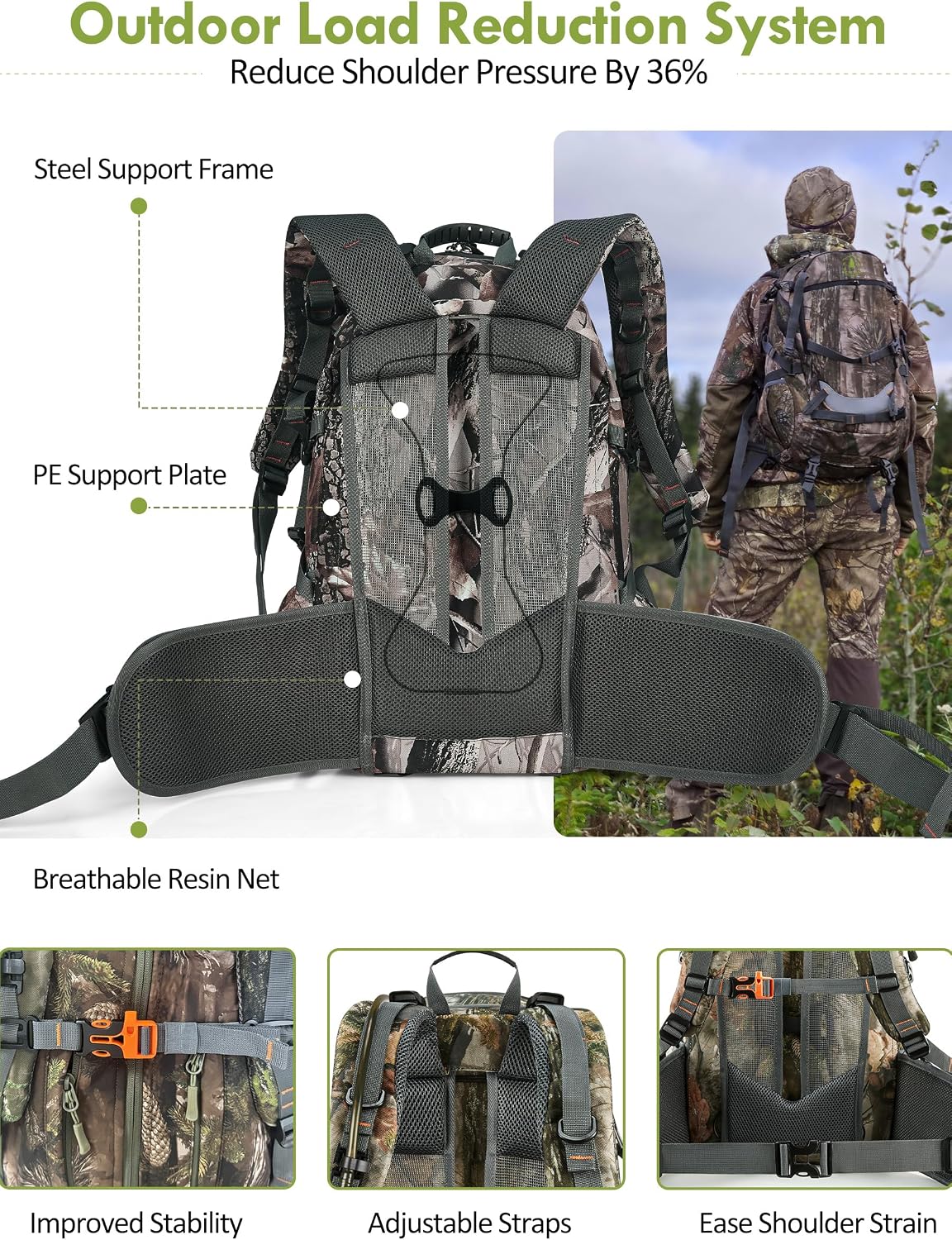 Camo Hunting Backpack for Men, 35L Durable Hunting Pack, 600D Daypack with Rain Cover, Interal Frame Support