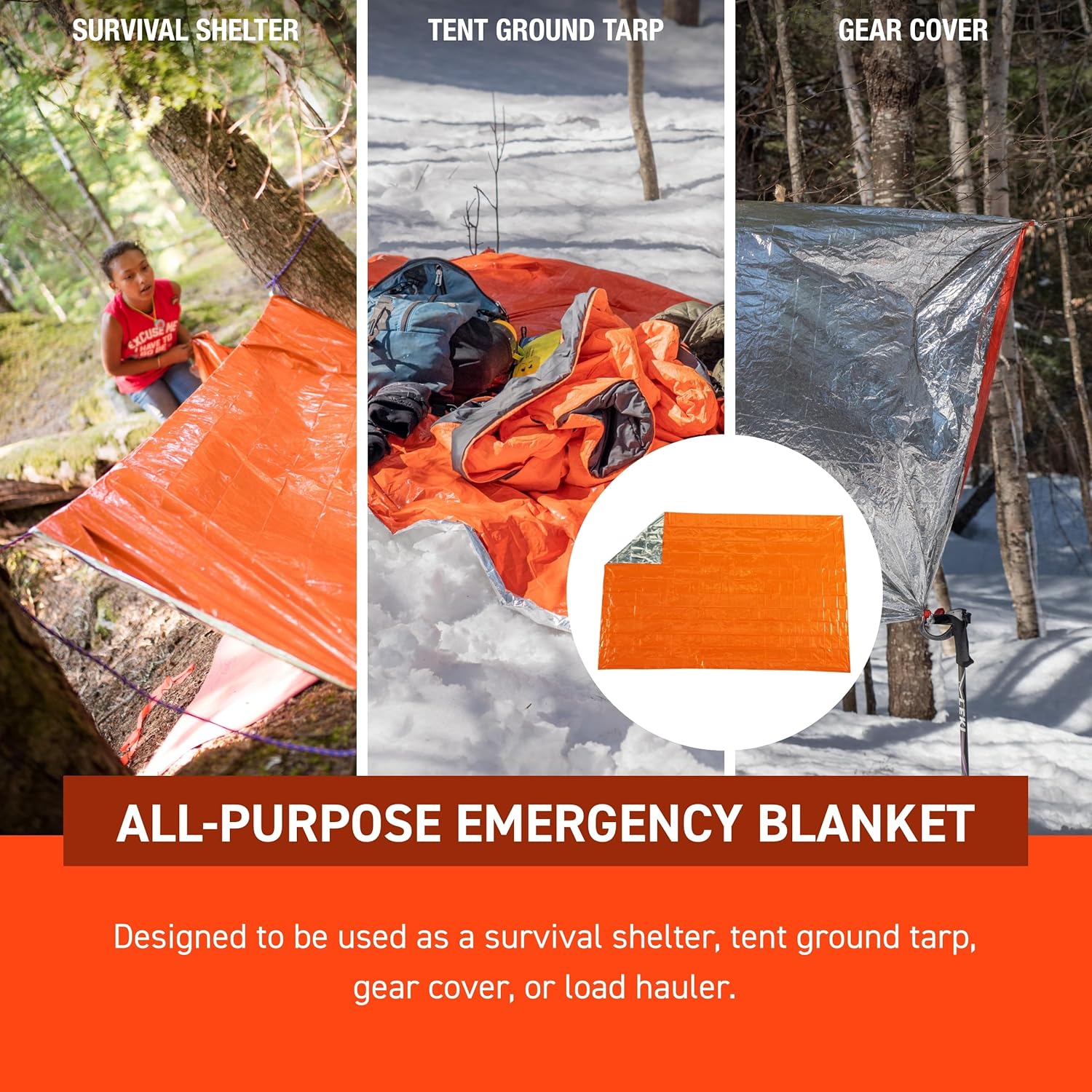 SOL 90% Heat Reflective Emergency Blanket, Orange, 56" x 84", 4 Pack | Vacuum-Metalized Polyethylene Blanket Resists