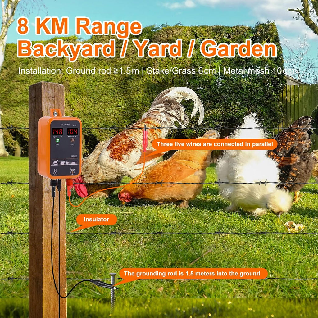 FarmNix 10KV Electric Fence Charger with LED Indicator, 5 Miles Electric Fence 1 Joules Pulse Energy,Waterproof