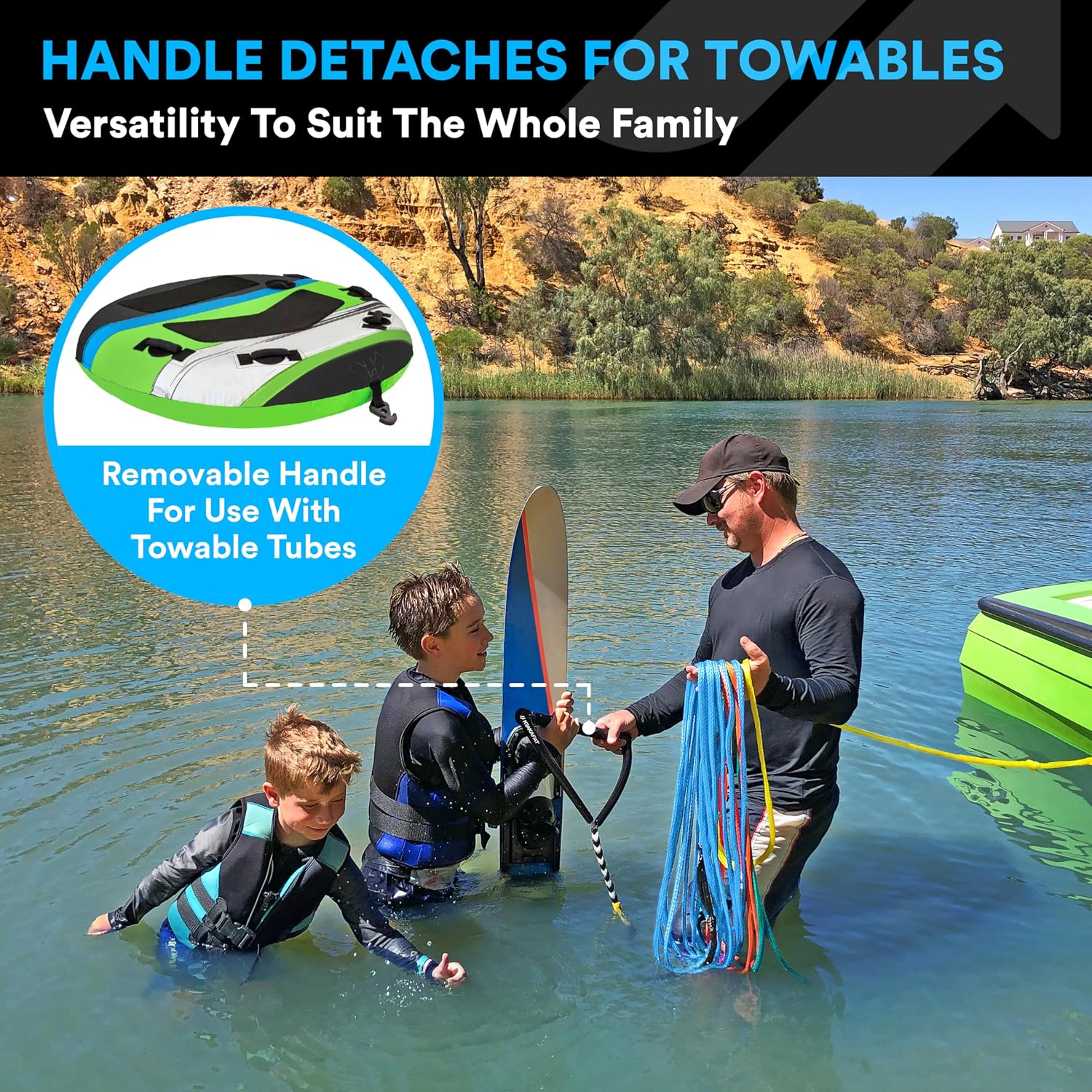 75ft Water Ski Rope, Wakeboard Rope - 13" Floating Handle with NEW Superior No-Peel Seamless EVA Grip - 7 Sections