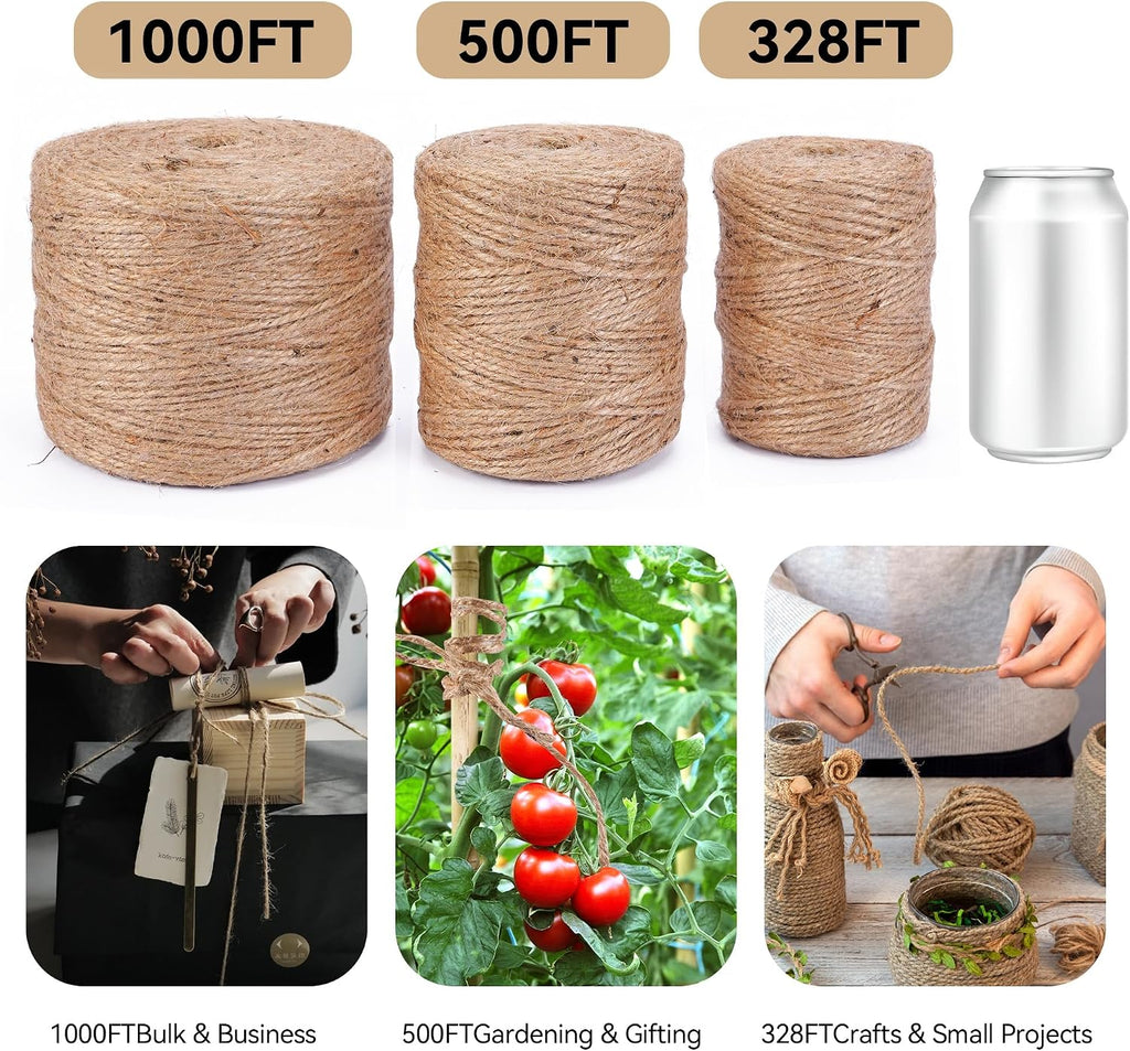 2.5mm Natural Jute Twine, 1000FT Bulk Garden Rope for Crafts