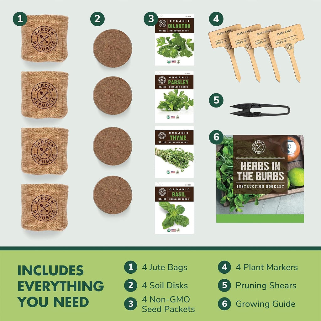 Indoor Herb Garden Starter Kit - Heirloom, Non-GMO Herb Seeds - Basil Thyme Parsley Cilantro Seed, Potting Soil
