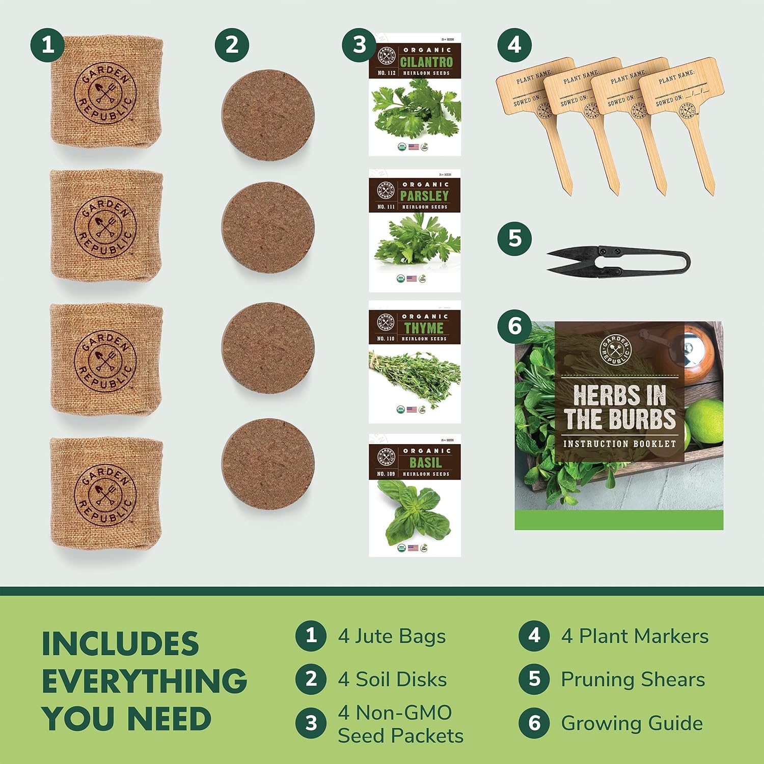 Indoor Herb Garden Starter Kit - Heirloom, Non-GMO Herb Seeds - Basil Thyme Parsley Cilantro Seed, Potting Soil