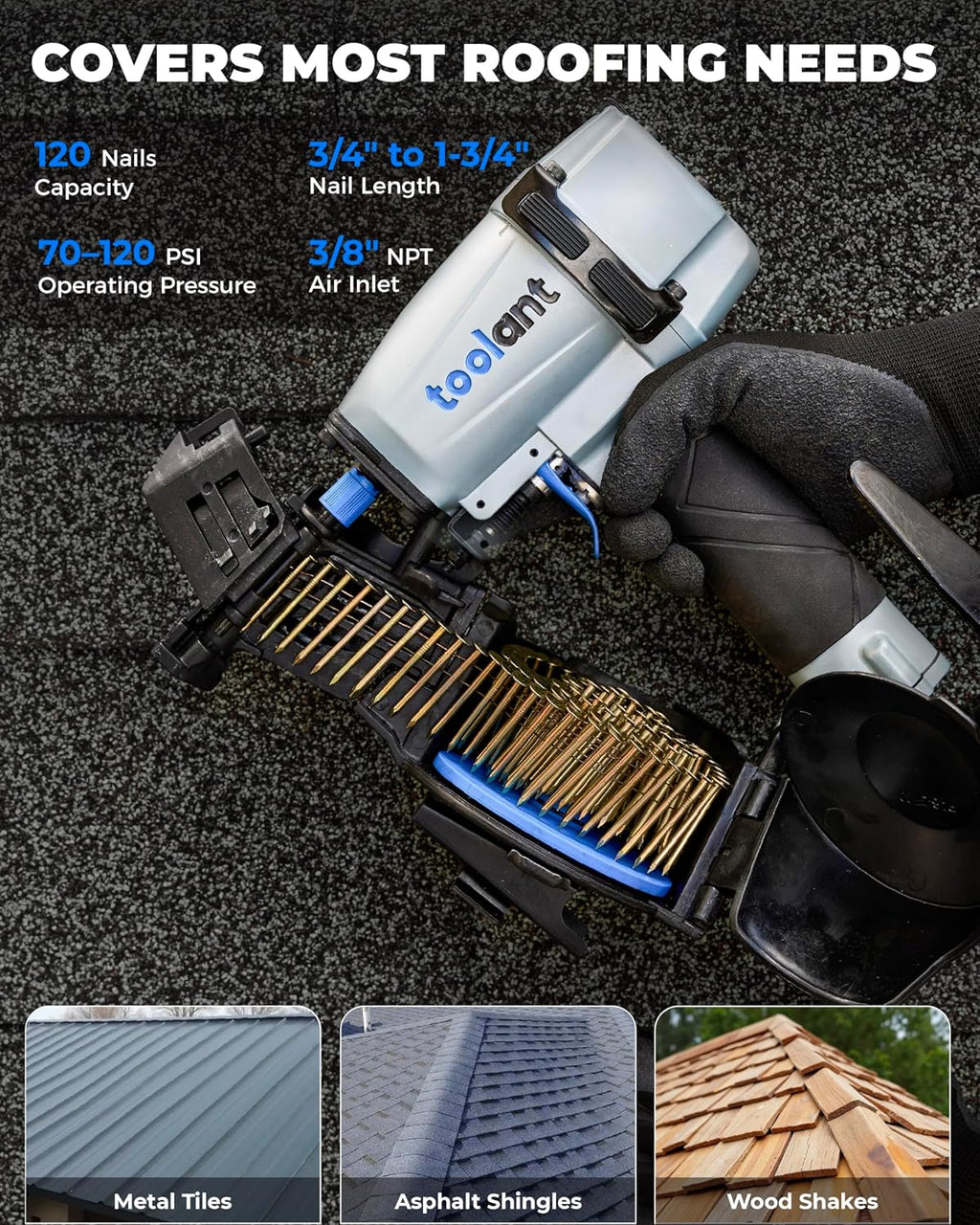 Pneumatic Roofing Coil Nailer for 3/4" to 1-3/4", 15 Degree Nails