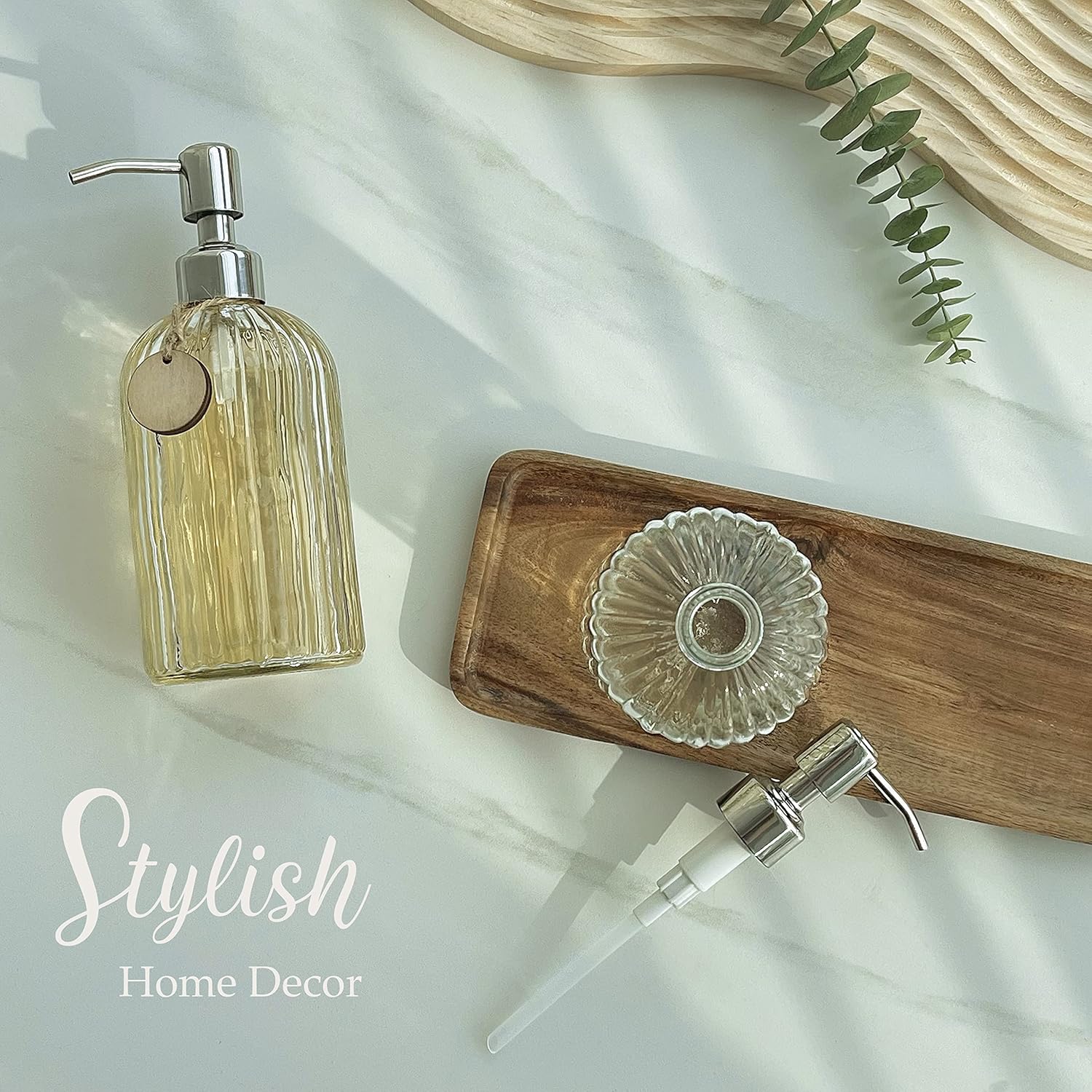 2PACK 18 Oz Glass Soap Dispenser with Rust Proof Stainless Steel Pump | Refillable Hand Soap Dispenser with Vertical