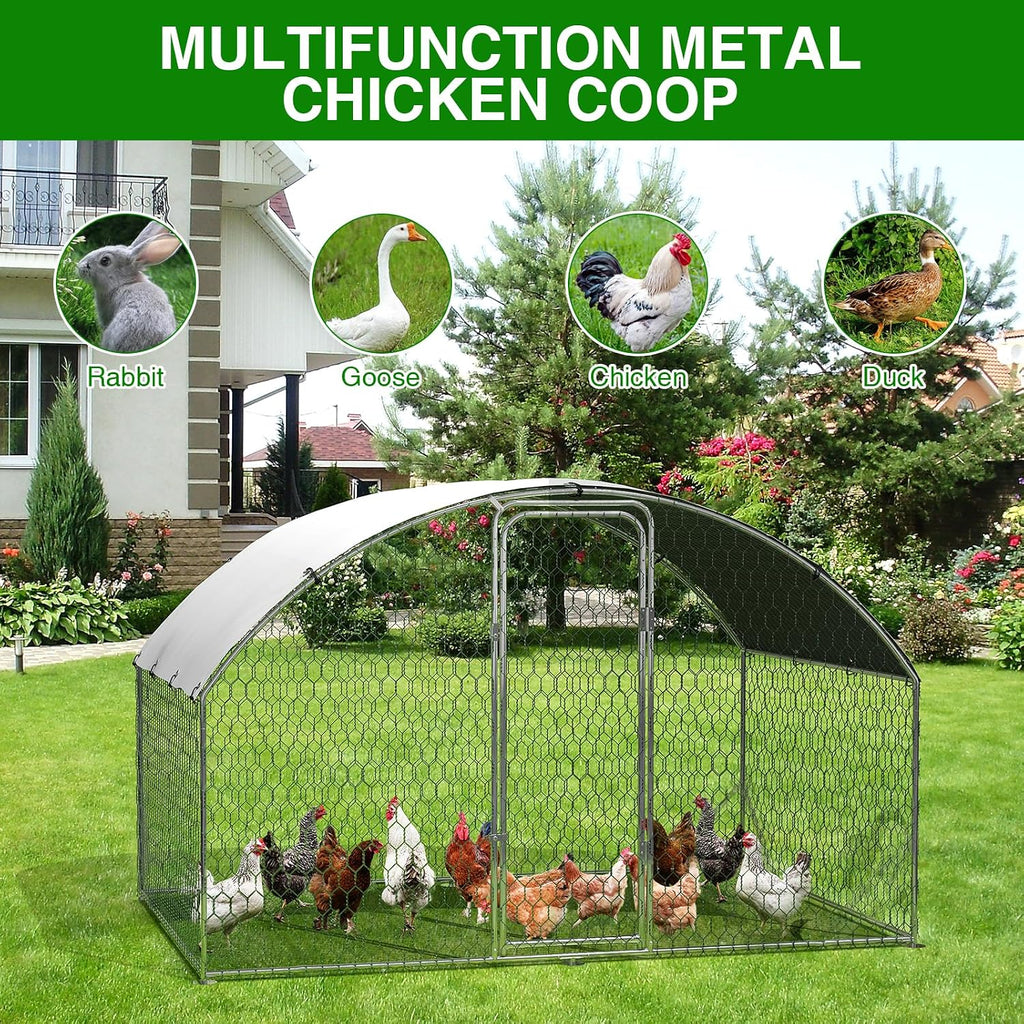 Metal Chicken Run, 9.8 x 6.5 x 6.5 Ft Metal Chicken Coop for Yard with Waterproof and Anti-Ultraviolet Cover, Dome