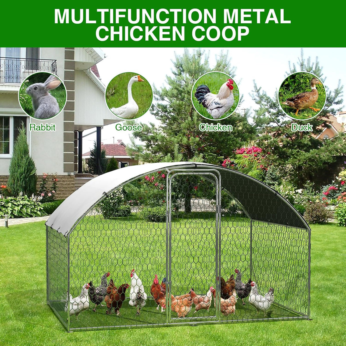 Metal Chicken Run, 9.8 x 6.5 x 6.5 Ft Metal Chicken Coop for Yard with Waterproof and Anti-Ultraviolet Cover, Dome