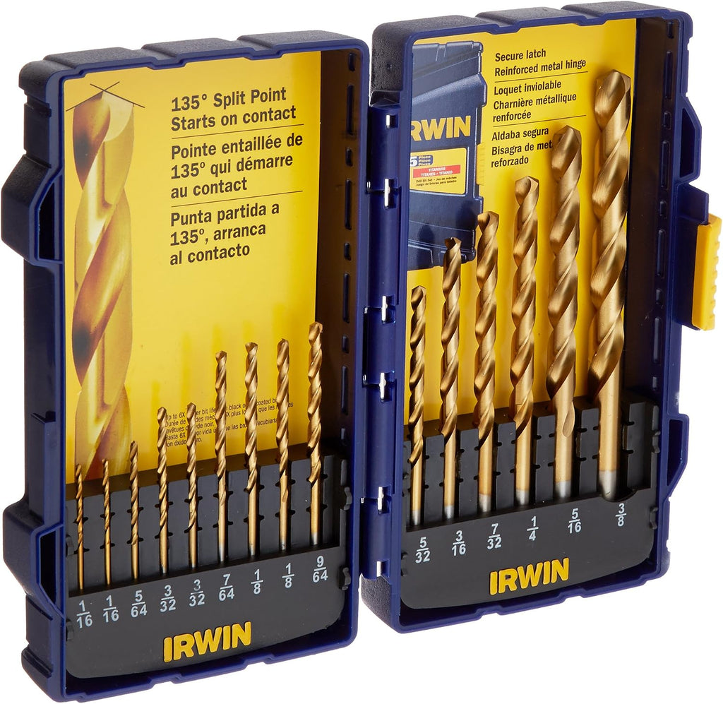 Irwin Tools 4935607 Titanium Nitride Coated High-Speed Steel Drill Bit Set, Pro Case, 15-Piece
