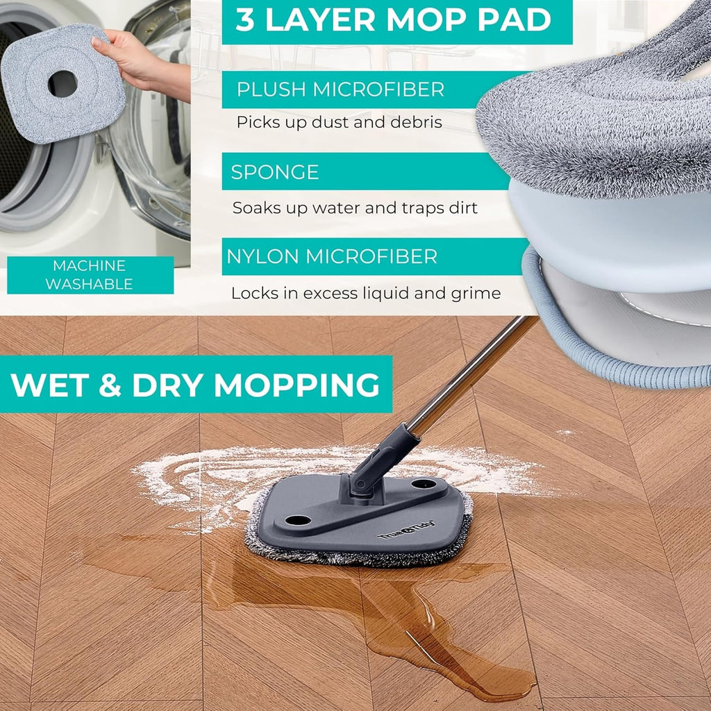 True Clean Spin Mop & Bucket System – Dual Compartment Design for Clean & Dirty Water, 360° Swivel Mop Head, Built-in