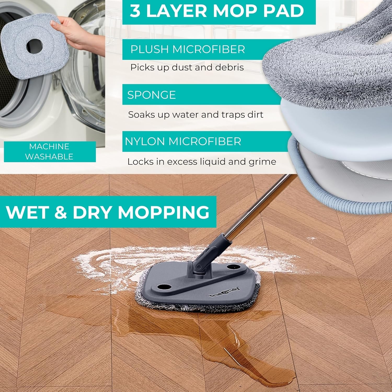 True Clean Spin Mop & Bucket System – Dual Compartment Design for Clean & Dirty Water, 360° Swivel Mop Head, Built-in