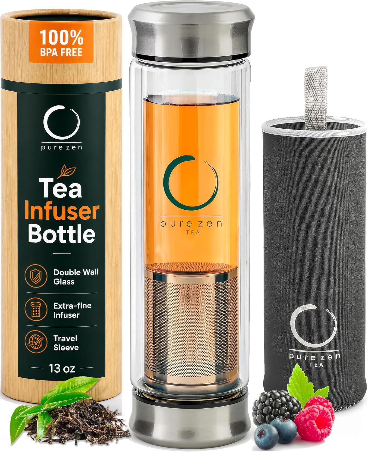Infuser Bottle - Double Wall Glass Travel Mug with Stainless Steel Filter - Leakproof Tea Tumbler with Infuser for