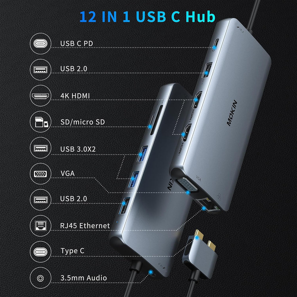 MacBook Pro Docking Station for Dual Monitor, 12 in 2 HDMI Adapter | Dockingstation for MacBook Pro/Air, MacBook