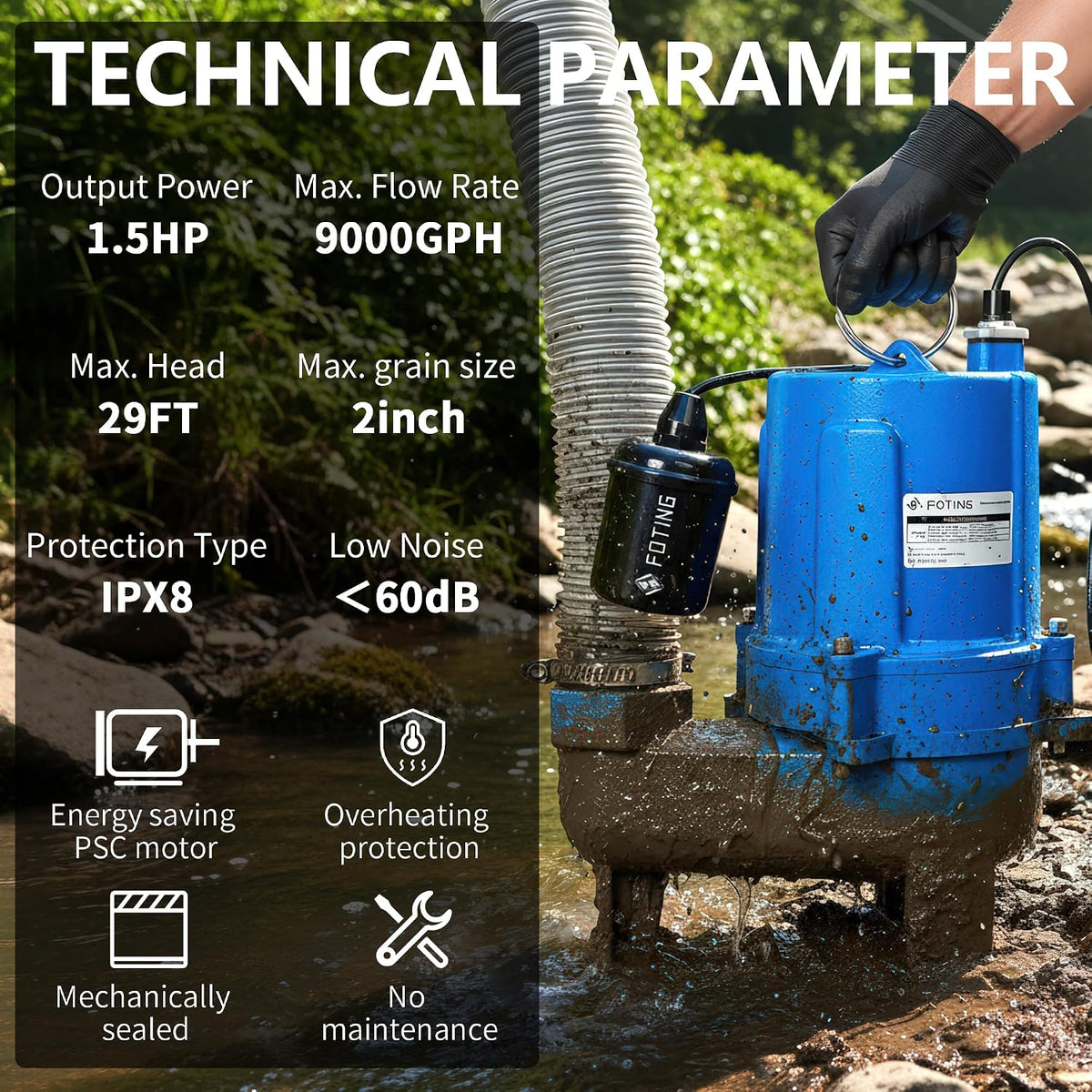 FOTING 1.5HP 9000GPH Sump Pump Submersible Sewage/Effluent Pump