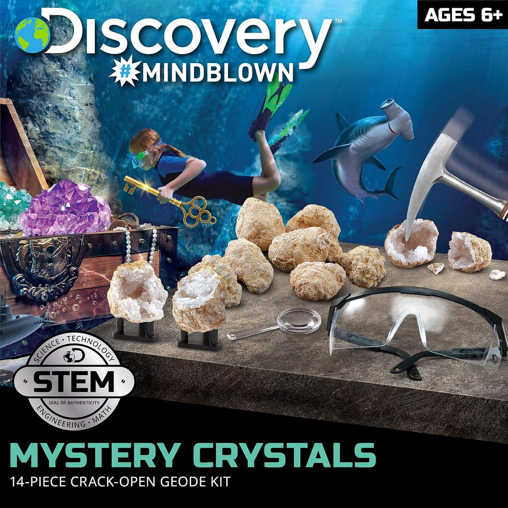 Mystery Crystal Geode Kit – Crack Open 10 Real Quartz Geodes| Includes Goggles, Magnifying Glass & Display Stands|