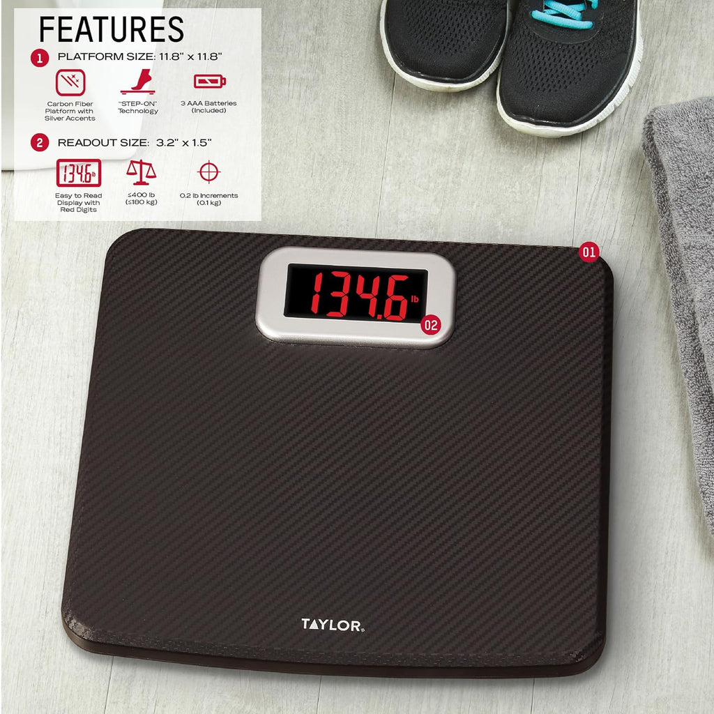 Digital Bathroom Scale, Body Weight Scale 400 LB Capacity, Carbon Fiber Anti-Slip Mat, 11.8 x 11.8 Inch Platform, Black