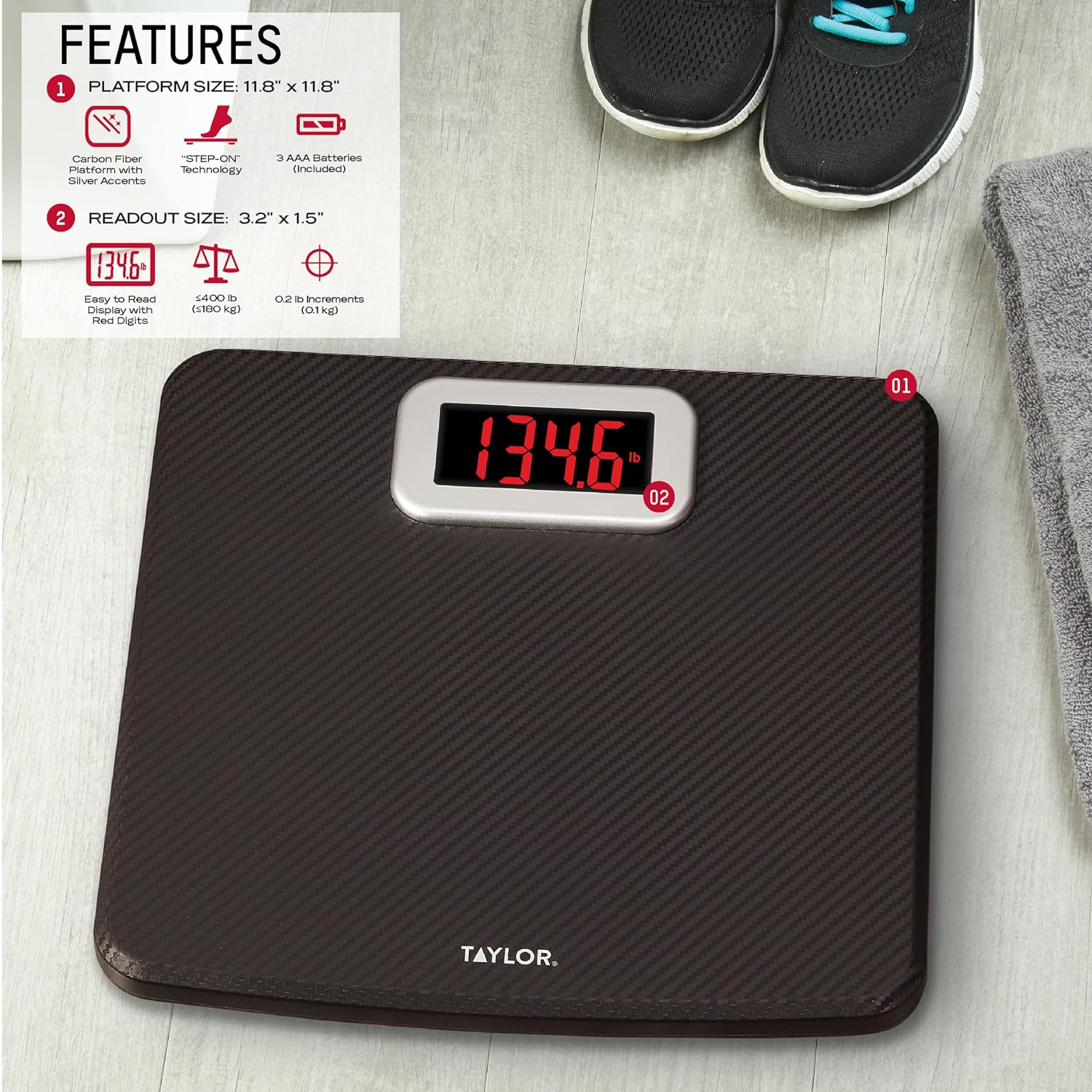 Digital Bathroom Scale, Body Weight Scale 400 LB Capacity, Carbon Fiber Anti-Slip Mat, 11.8 x 11.8 Inch Platform, Black