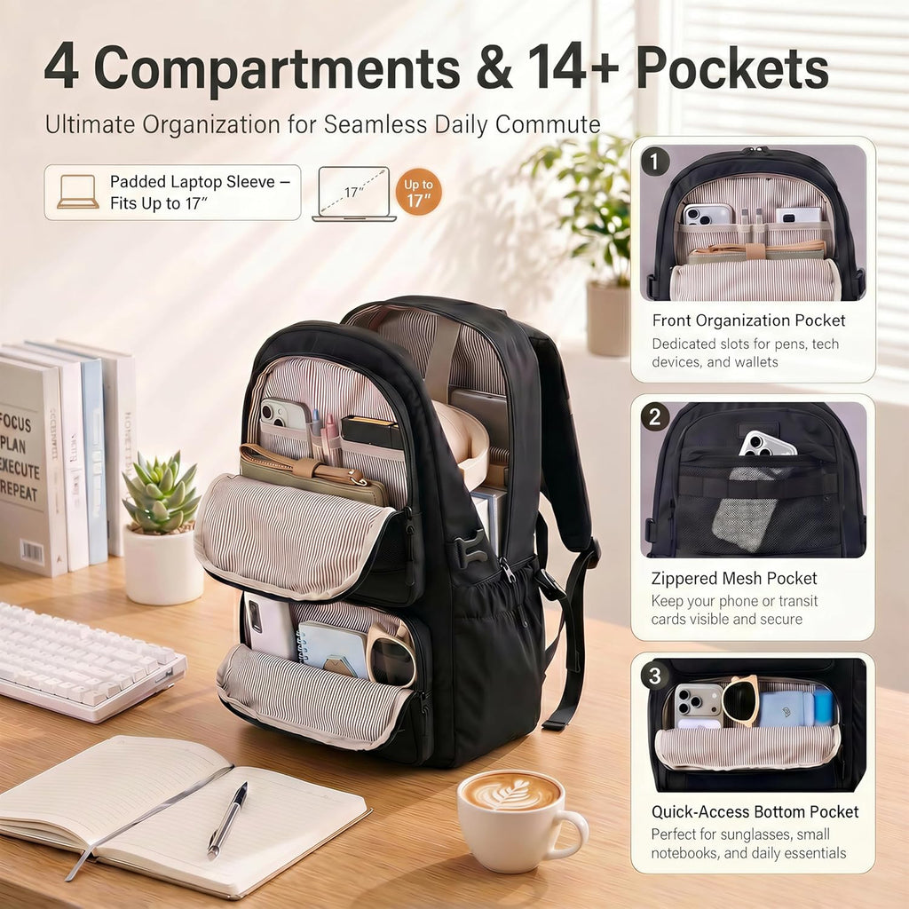 Waterproof Laptop Backpack, 17" Travel Daypack Compartments, Work College Travel Bag for Business Commute with Mini
