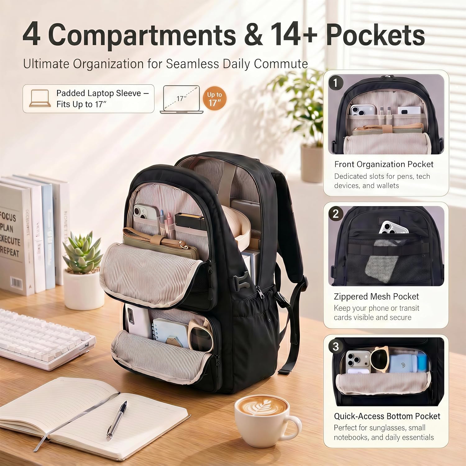 Waterproof Laptop Backpack, 17" Travel Daypack Compartments, Work College Travel Bag for Business Commute with Mini