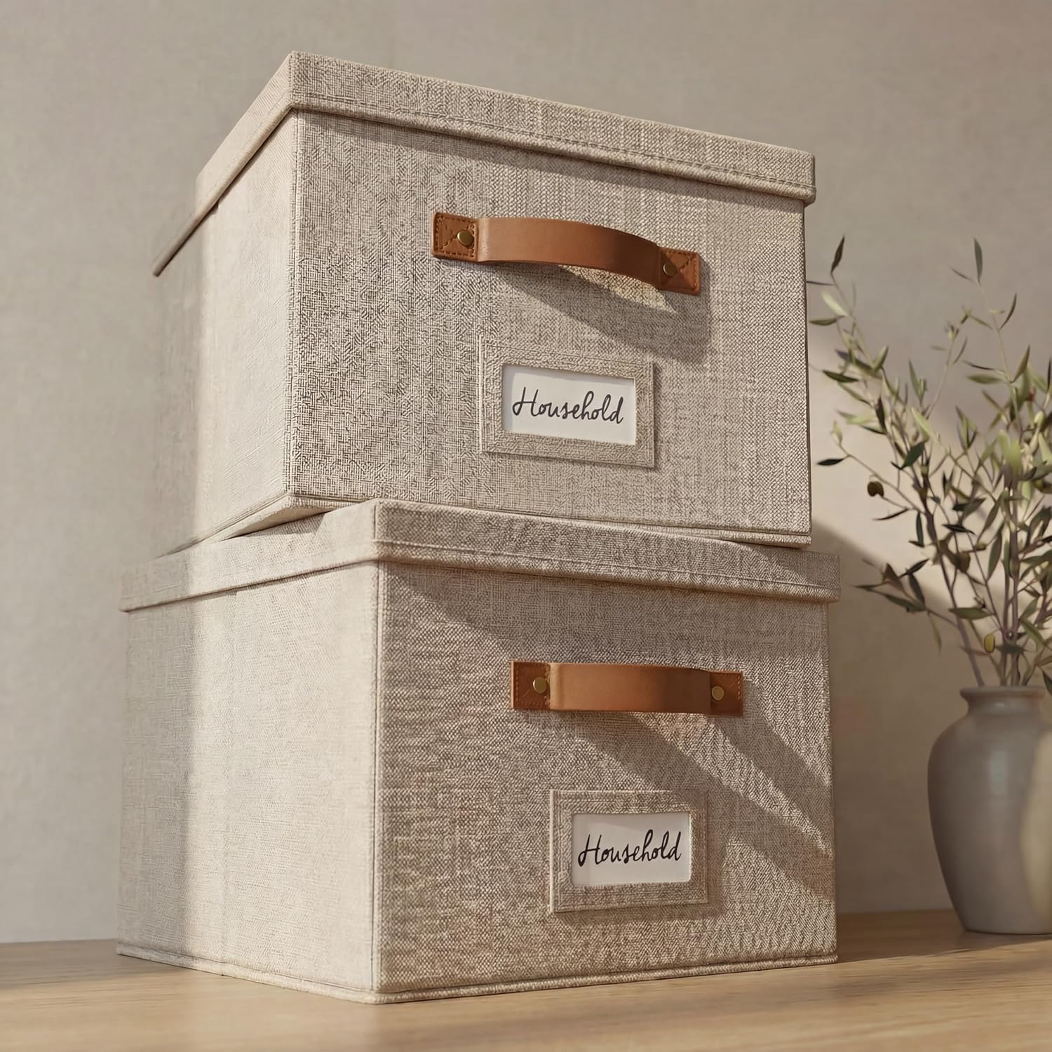 Decorative File Organizer Box Set of 2 - Collapsible Linen Filing Cabinets with Handles Are Perfect to Store All Your