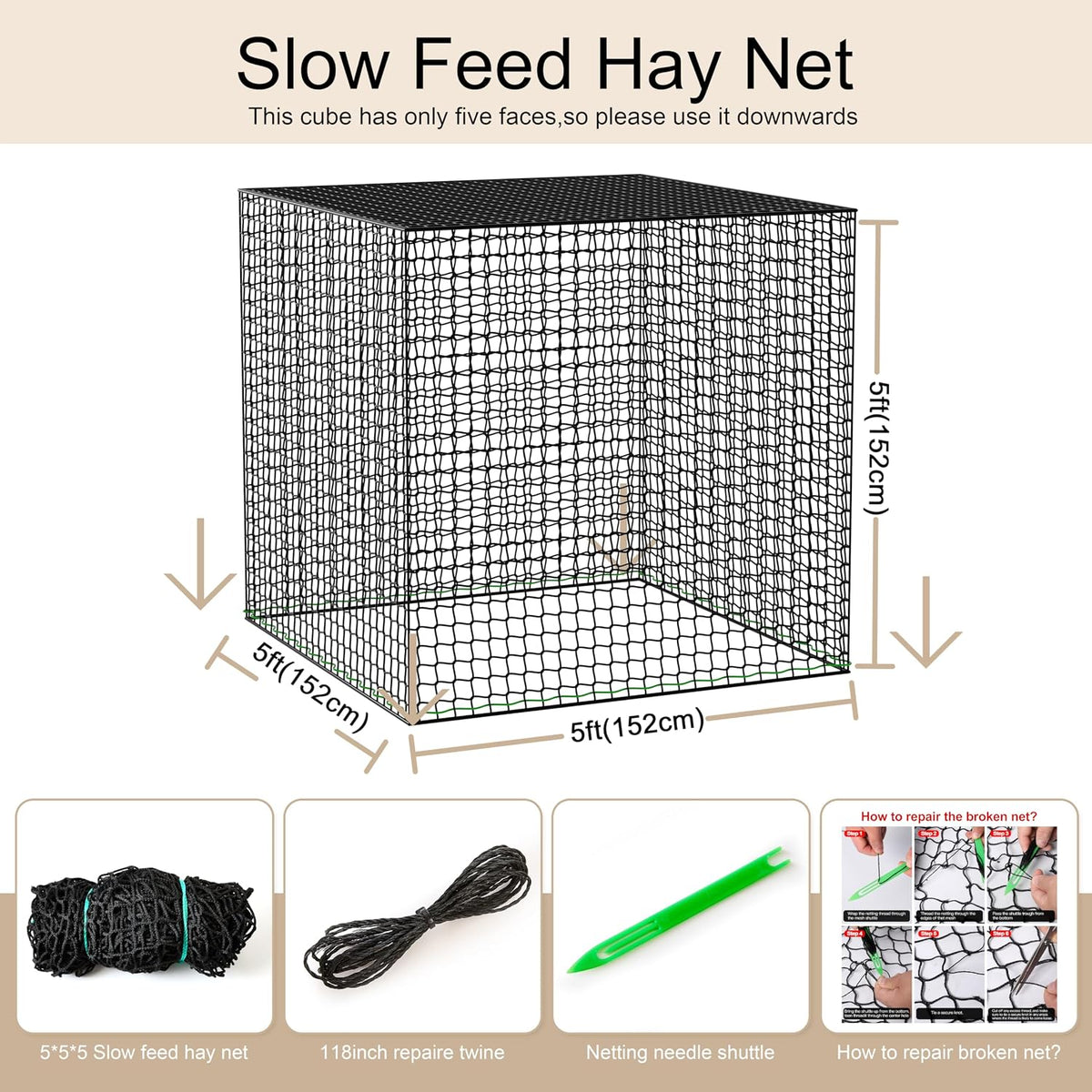5x5ft Round Bale Hay Net for Horses Slow Feed, Knotless Feeder