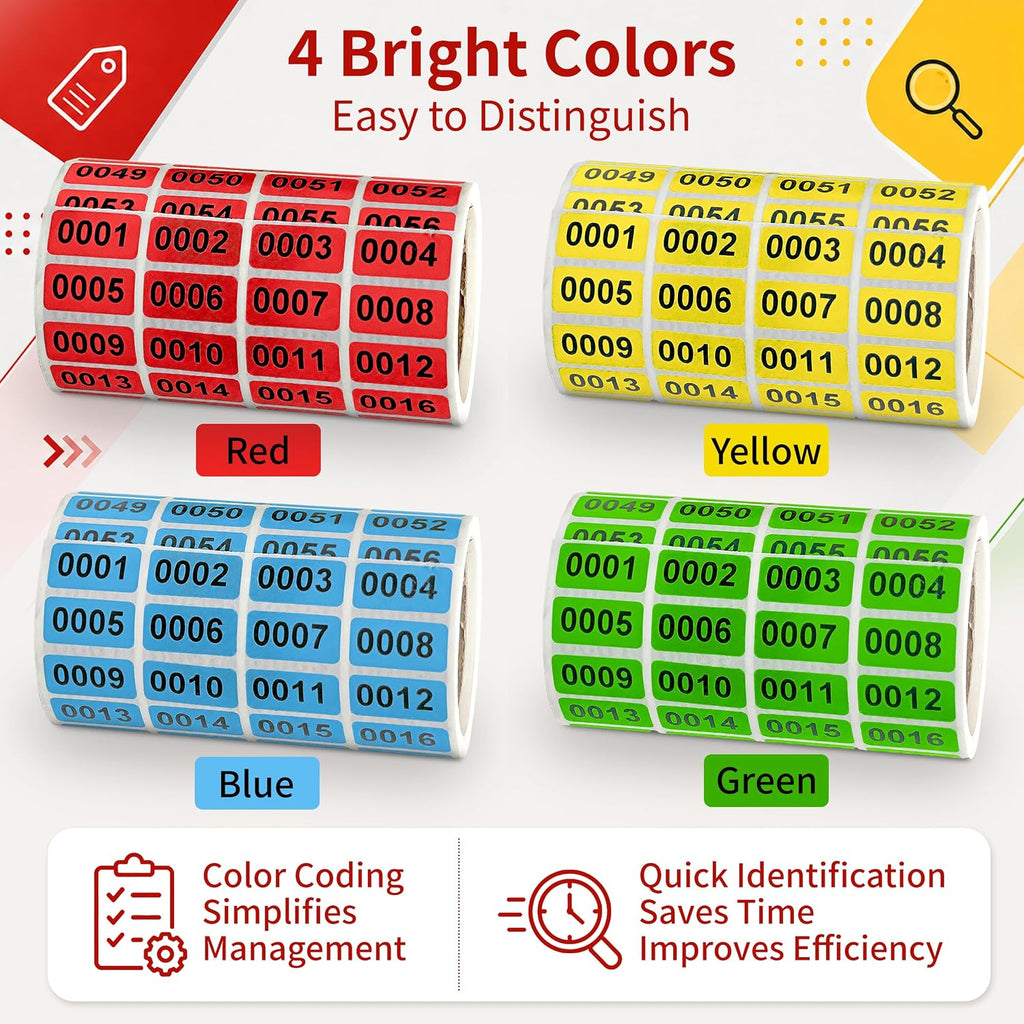 0001-2000 Inventory Number Stickers Labels, 4 Rolls Color-Coded Labels