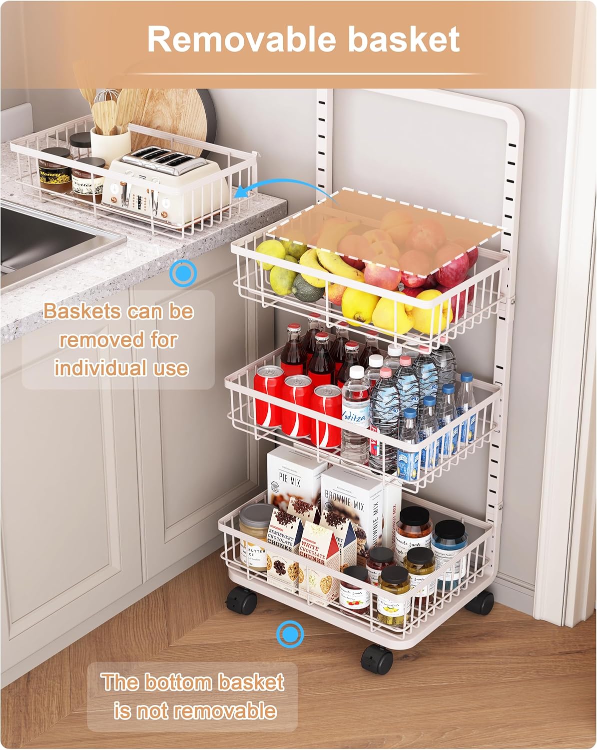 4-Tier Kitchen Storage Cart Metal Snack Cart Adjustable Fruit Basket on Wheels Stand Baskets for Potato Onion Produce