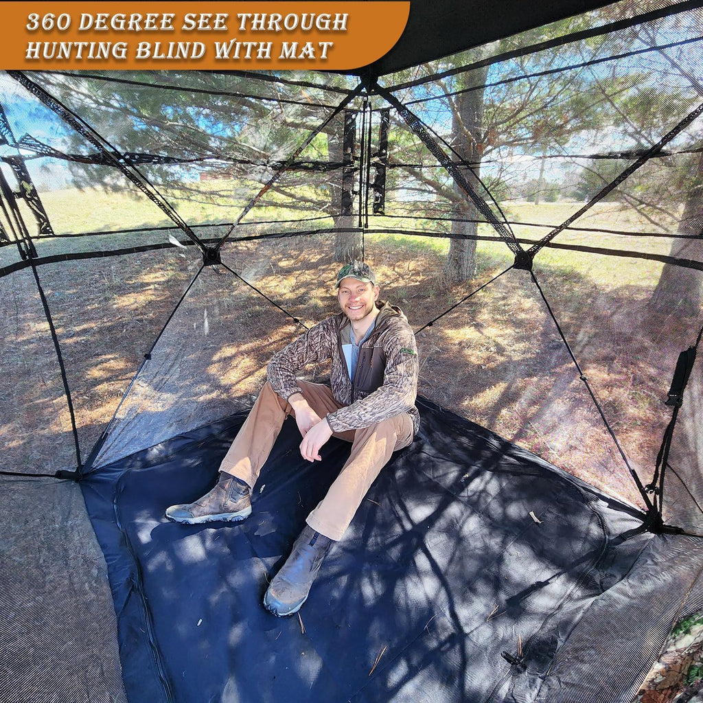 Hunting Blind with Floor Mat, 360 See Through Ground Blind, Pop Up | 2/3/4 Person Camouflage Tent, Portable Concealed